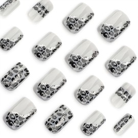 Leopard Print Glitter Press on Nails Short Square Fake Nails Glossy Acrylic Glue on Nails Reusable Full Cover Stick on Nails for Women DIY Manicure