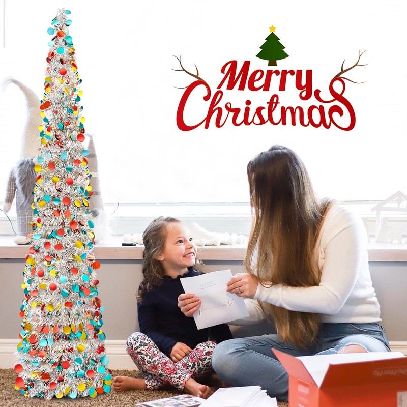 Warmiehomy 5ft/150cm Collapsible Christmas Tree Glittering Pencil Christmas Trees with
