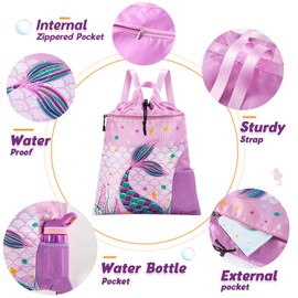 Mermaid Gym Drawstring Backpack String Bag - 38 × 45 cm Sports Gym PE Bag for Girls Kids Waterproof Swimming Beach Shopping Yoga Sackpack Birthday Gift with Zippered Pocket and Water Bottle Pocket
