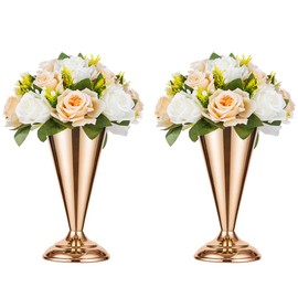 NUPTIO 2 Pcs Tabletop Metal Wedding Flower Trumpet Vase, Table Decorative Centerpiece, Artificial Flower Arrangements for Anniversary Ceremony Party Birthday Event Aisle Home Decoration (Gold)