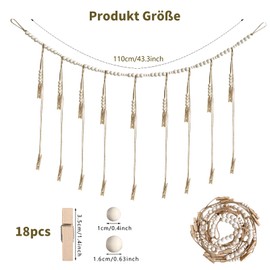 SHYSBV 110 cm Photo Wall Decoration Rope, DIY Hanging Photo Display, Photo Garland Wood with 18 Wooden Clips, Boho Hanging Photo Curtain, Photo Garland Ideas, Photo Curtain with Wooden Beads for Home