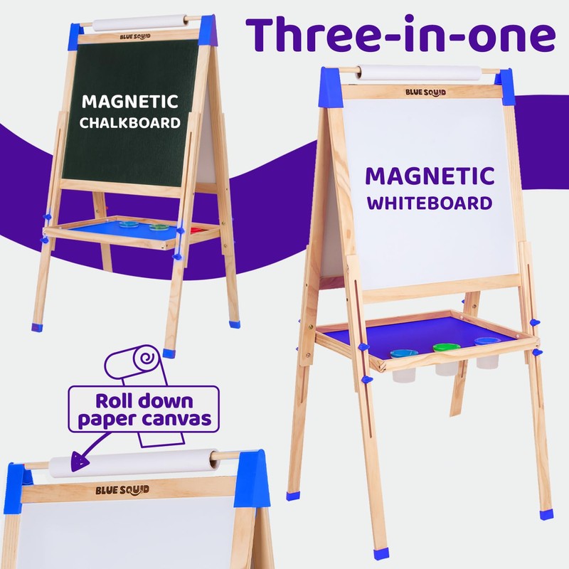 Blue Squid Art Easel for Kids - Dual-Sided Adjustable Wooden