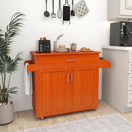 SILKYDRY Kitchen Island with Storage, 45.5" Width Rolling Island Cart with Adjustable Shelf, Large Drawer, Spice & Towel Rack, Wood Top & Lockable Wheels, Mobile Kitchen Island Cart (Cherry)