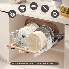 Magheo Pull Out Pots and Pans Organizer Under Cabinet, 22" Deep Expandable Pot Lid Organizer and Storage with 10 Adjustable Dividers Adhesive Pot and Pan Holder Rack with Handle Bracket(1 Pack,White)