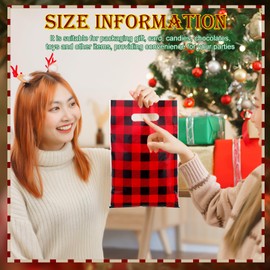 Honoson 100 Pcs Christmas Plastic Gift Bags Bulk Christmas Merchandise Bags Buffalo Plaid Goodie Bags Xmas Candy Bags with Handle 8" x 12'' Shopping Bags for Boutique Christmas Party Favor Decor