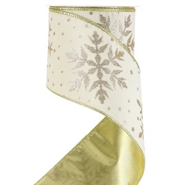 HUIHUANG White Christmas Velvet Wired Ribbon 4 Inch With Glitter Gold Snowflakes for Trees, Wreaths, Top Bows, Garland, Staircases, Decor Crafts - 10 Yards