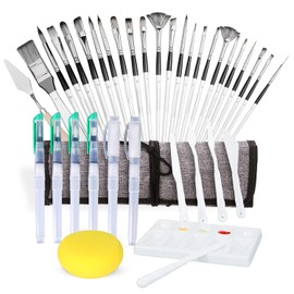 Pinceles Profesionales para Pintura Acrílica, Óleo, Acuarela y Gouache + Estuche de Lona, Pinceles Recargables con Agua, Esponja, Espátulas de Plástico y Paleta | Ideal para Artistas