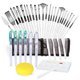 Pinceles Profesionales para Pintura Acrílica, Óleo, Acuarela y Gouache + Estuche de Lona, Pinceles Recargables con Agua, Esponja, Espátulas de Plástico y Paleta | Ideal para Artistas