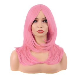 MapofBeauty 20 Inch/50 cm Long Layered With Bangs Straight Synthetic fiber Shoulder Length Hair for Daily Use or Party Wig (Light Pink)