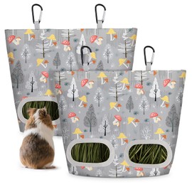 Glittme 2 Pack Guinea Pig Hay Feeder, 11.5x9 Inch Hay Bag for Rabbits, Hanging Hay Holder for Guinea Pigs Cage Hay Feeder for Bunny, Small Pets,Grey Mushroom