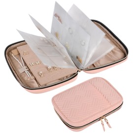 Aucuu Jewelry Travel Organizer Case, Portable Foldable Earrings Storage Book with Clear PVC Pocket for Necklaces, Earrings, Rings, Bracelets - Pink
