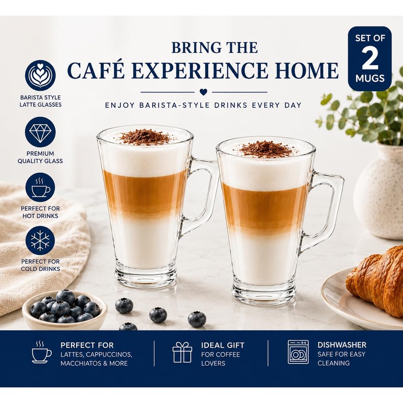 XORX 2 Pack Latte Glass Cups 240ml with Handles