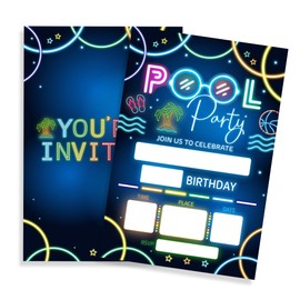 FRRCREU Pool Party Birthday Invitations, 20 Pcs Double Sided Neon Pool Theme Invites With Envelopes For Boys Girls Teens Birthday Celebration,Party Favor And Supplies - A01