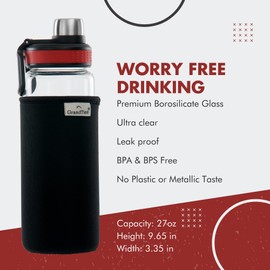 GRANDTIES 27 oz Borosilicate Glass Water Bottle – Wide Mouth, Spout Lid & Protective Sleeve, Dishwasher Safe, Leak-Proof, Reusable Sports Bottle for Gym & Travel – Red
