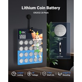 EBL CR2032 Batteries 3V Coin Battery 20 Pack, 2032 Battery Long-Lasting Power, Child-Proof Package