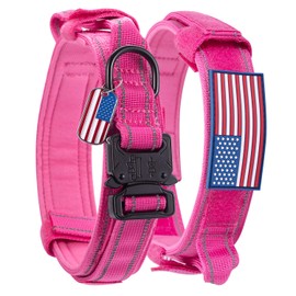 Pink Dog Collar Tactical Highly Reflective Military Pet Collar Nylon with a American Flag Patch and a American Flag Pendant K9 Collar with Metal Buckle and Control Handle for L