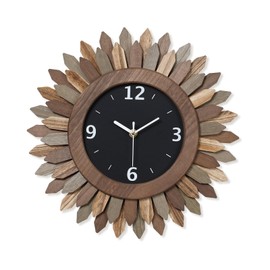 Honiway 14 Inch Wall Clock, Rustic Wood Boho Sunburst Decorative Wall Clocks Battery Operated Silent Non Ticking Farmhouse Small Wall Clocks for Living Room Kitchen Bedroom Home Decor (Tricolor)