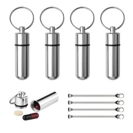 NITAIUN Pack of 4 Pill Box Key Ring Waterproof Portable Aluminium Pill Box with 4 Spoons Pill Holder Tablet Box Organiser Pill Container for Camping Hiking Travel Outdoor (Silver)