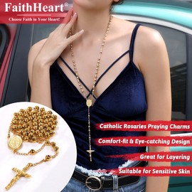 FaithHeart Rosemary Beads Necklace Chaplet Rosary Catholic Jewellery for Women Stainless Steel Crucifix Cross on Chain