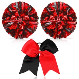 Hanaive Cheerleading Pom Poms and Large Cheerleader Hair Bow 12 Inch Large Metallic Cheer Cheerleader Pom Poms for Sports Team Spirit Cheering(Red and Black Mixed,Matte)