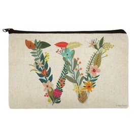 Letter W Floral Monogram Initial Makeup Cosmetic Bag Organizer Pouch