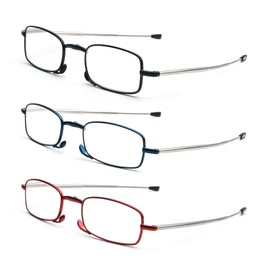 3 Pack Folding Reading Glasses with Keychain Compact Bags Women Men Blue Light Blocking Spring Hinge Portable Pocket Readers,Black Blue and Red 3.5