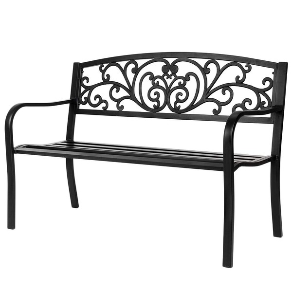 VINGLI 50" Patio Park Garden Bench Outdoor Metal Benches,Cast Iron Steel Frame Chair Front Porch Path Yard Lawn Decor Deck Furniture for 2-3 Person Seat