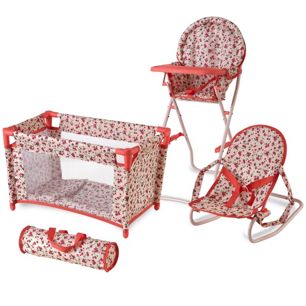 Floral Baby Doll Accessories Set - 3-1 Furniture with Crib, High Chair, Bouncer Seat Bed for 18” Play Toys 18" Dolls