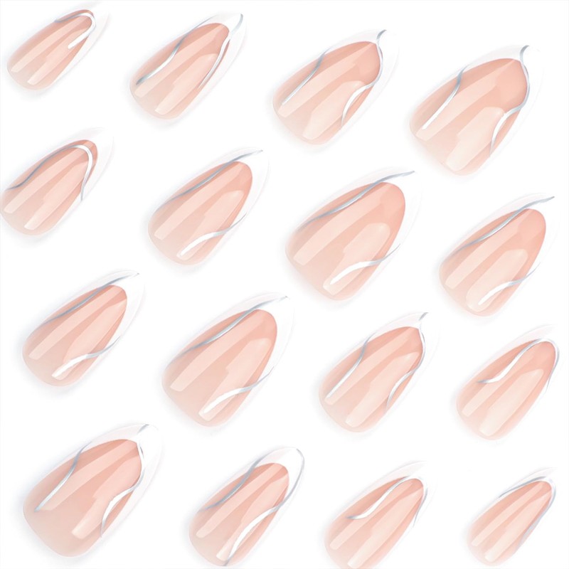White French Tip Medium Almond Press On Glossy Silver Wavy