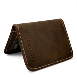 MODHIDES Genuine Leather Card Holder for Men & Women | Slim Bi-Fold Wallet with ID Window | Handcrafted Premium Bovine Hunter Leather | Rustic Brown