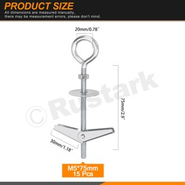 Rustark 15Pcs M5 O-Shaped Eye Bolt Toggle Anchor Assortment Kit Toggle Anchors Spring Toggle Wing Bolts Heavy Duty Eye Bolt Butterfly Toggle Anchors for Drywall Hanging Plants