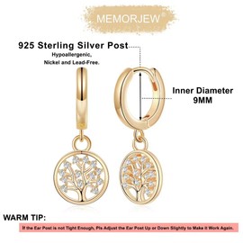Memorjew Tree of Life Huggie Hoop Earrings for Women, 925 Sterling Silver Post Dainty Cubic Zirconia Tree of Life Charm Dangling Earrings Hypoallergenic Gold Huggie Earrings for Women