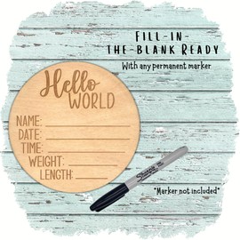 Routybits Hello World - Wood Newborn Baby Birth Announcement Sign - 5.5 Inch Round