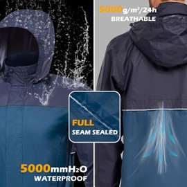 MANSDOUR Men's Packable Rain Jacket Lightweight Waterproof Rain Shell Jacket Raincoat with Hood Outdoor Windbreker Cycling Golf Hiking Reflective Running Raincoat Travel Trench Raincoats Blue Grey