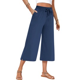 AURUZA Women's Capri Pants-Loose Fit, High-Waisted, Wide Leg Lounge Trousers Palazzo with Pockets，for Yoga and Casual Navy Blue