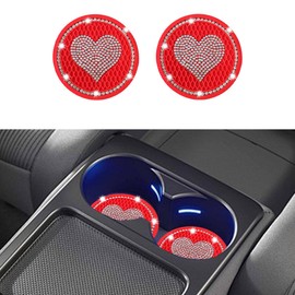 2PCS Bling Car Cup Holder Insert Coasters- 2.75 Inch Non-Slip Embedded Decorative Coaster Drink Car Cup Mat- Crystal Rhinestone Water Bottle Holder Pads Auto Interior Accessories for Women (Red)
