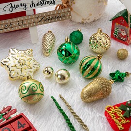 MERRYHEART 110Pcs Christmas Ball Ornaments Set, Assorted Green and Gold Christmas Ornaments for Xmas Tree, Shatterproof Plastic Baubles Hanging Decorations for Holiday/Party/Wedding