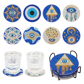 Beadthoven 8 Pieces Evil Eye Diamond Painting Coasters 5D DIY Diamond Art Cup Mat Kits with Tools for DIY Cup Drinks Coasters Desktop Decorations