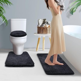Baahrnom Bathroom Rugs Sets 3 Piece with Adjustable Toilet Seat Cover 17.5"x 15" Machine Washable Bath Rug Set with TPR Non Slip Rubber Backing Solid Bath Mat Set for Luxury Bathroom Decoration
