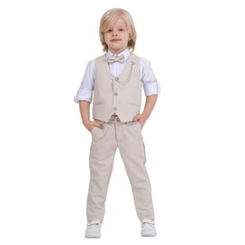 Vest Suit for Boys | 4-Piece Set Shirt, Pants, Vest, and Bow Tie | Party and Formal Wear for Boys Aged 1-13 Years (UK, Age, 8 Years, 9 Years, Regular, Beige I)