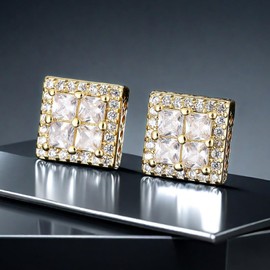 Gold Earrings for Men, Cubic Zirconia Stud Earrings for Women, Round Square Hypoallergenic Earrings,14K Gold Plated Earrings Set for Hip Hop Boy (Ear05-Gold)