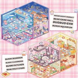 20 Sets 3D Sticker Therapy Scene Material Book,DIY 3D House Stickers Set for Adults,Rich Collection of 3D Space Stickers and Storage Spiral Notebook,Room Stickeer Book for Adults Kids