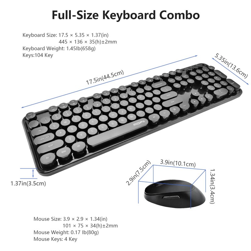 Wireless Keyboard and Mouse Combo, Retro Typewriter Style Keyboard with
