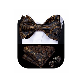 DiBanGu Paisley Bowtie Set for Men Black Gold Woven Silk Bow Tie Set with Pocket Square Cufflinks