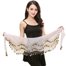 Costume Bay Womens Belly Dance Hip Scarf/Belly Dancing Skirt with 128 Coins/Belly Dance Belt Scarf Skirt Wrap (White, ONE)