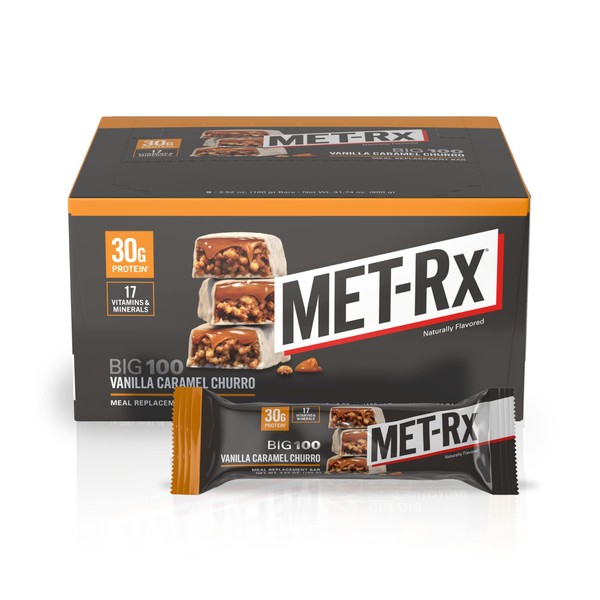 MET-Rx Big 100 Colossal Protein Bars, Vanilla Caramel Churro Meal Replacement Bars, Brown, 9 Count