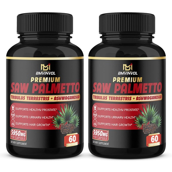 BMVINVOL (2 Packs) Saw Palmetto Supplement 5950mg - Supports Prostate Health, Urinary Health, Hair Care - Enhanced with Tribulus Terrestris, Ashwagandha Root Extract - 4 Months Supply