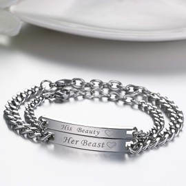 JewelryWe Jewellery Gift Ideas One Pair Silver Partner Bracelets Stainless Steel with Free Engraving, Stainless Steel