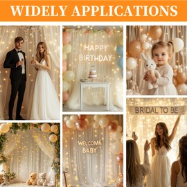 Patioman 10x10ft White Tulle Backdrop Curtain with String Lights, Wrinkle-Free Sheer Wedding Backdrop for Birthday Parties, Baby Showers, Bridal Showers, Photo Shoots and Home Decorations, Ivory