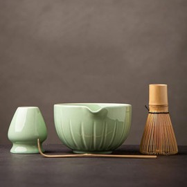 TANG PIN Matcha Set - Match Bowl with Spout and Whisk, 15 OZ, Matcha Scoop | Matcha Whisk Stand (Chasen Holder) - 4pc Perfect Matcha Kit for Matcha Tea Ceremony (Green)